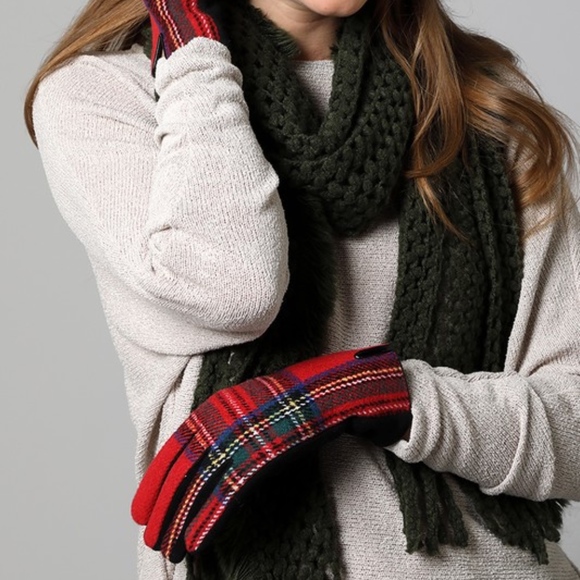 NWT Red Plaid Tartan Print Smart Touch Gloves - Picture 1 of 4